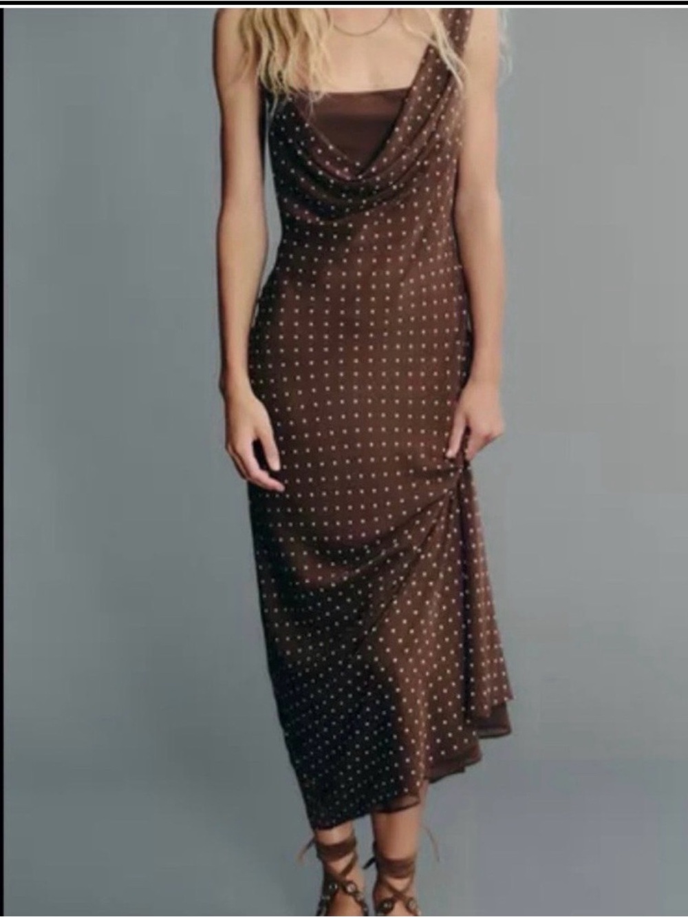 NEW! ZARA Draped Neck Polka Dot Slip Dress Sz M Midi Maxi Chiffon Strappy